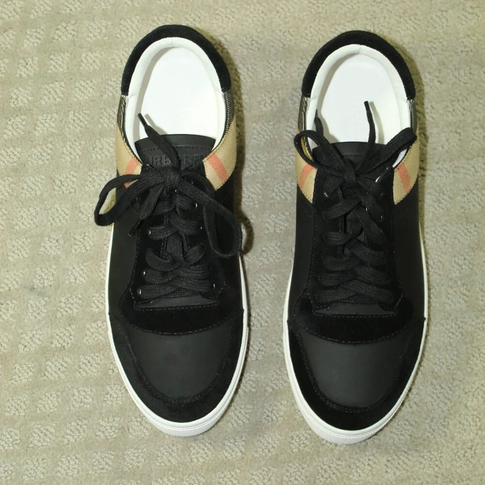 New BURBERRY Reeth Unisex Black Leather, Suede, Check Sneakers Women's 9.5